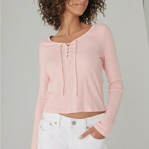 Lucky Brand Lace Up Long Sleeve Top Light Pink Ribbed Knit Top Size Medium
